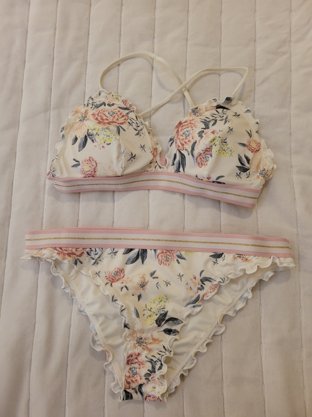 H&M Floral Ruffle Bikini Set in Cream and Pink